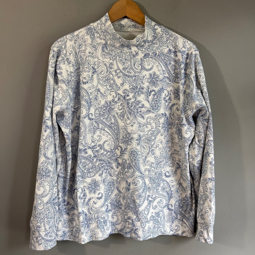 Lands End Womens Blue White Paisley Mock Neck Long Sleeve Cotton Top Large 14-16